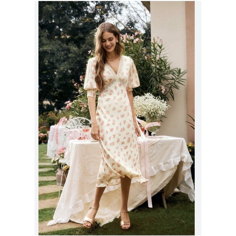 Lait Collection Womens S Floral Midi Dress Cottagecore Lace Trim Smocked Sleeve